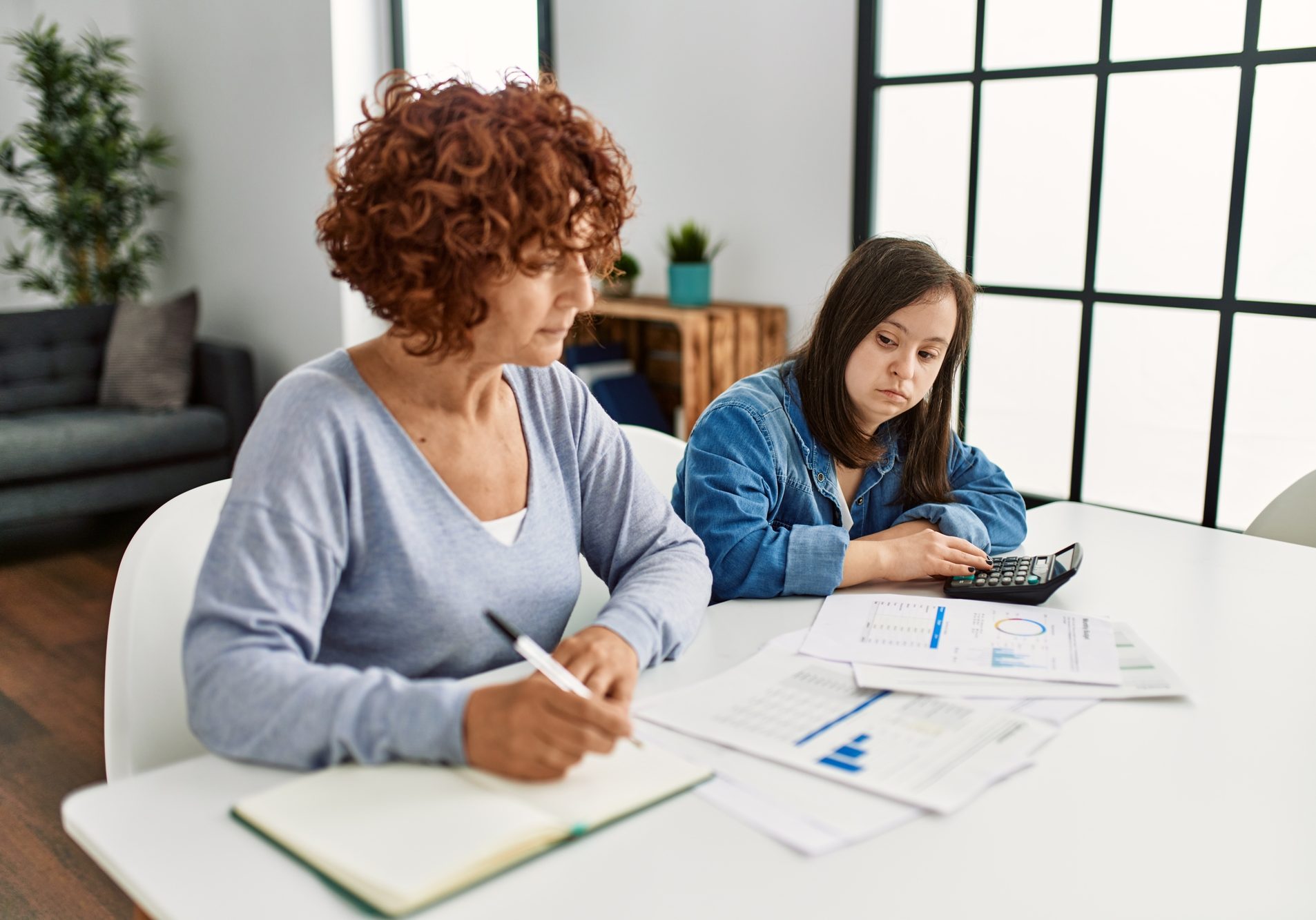 Mature mother and down syndrome daughter doing economy house together